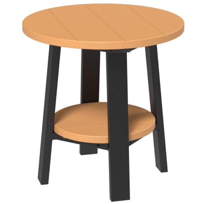 Round side table with cedar
 top and black legs on a white background