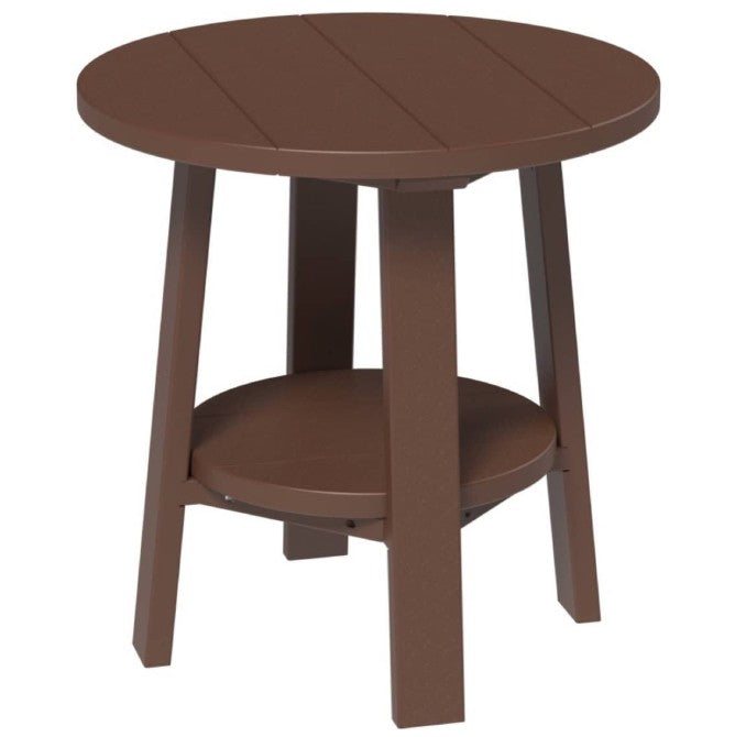 Brown round table with a shelf on a white background