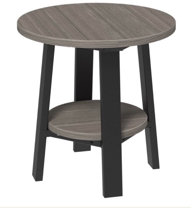 Round side table with gray top and black legs on a white background