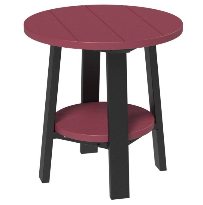 Round side table with cherry top and black legs on a white background