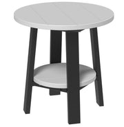 Round side table with gray top and black legs on a white background
