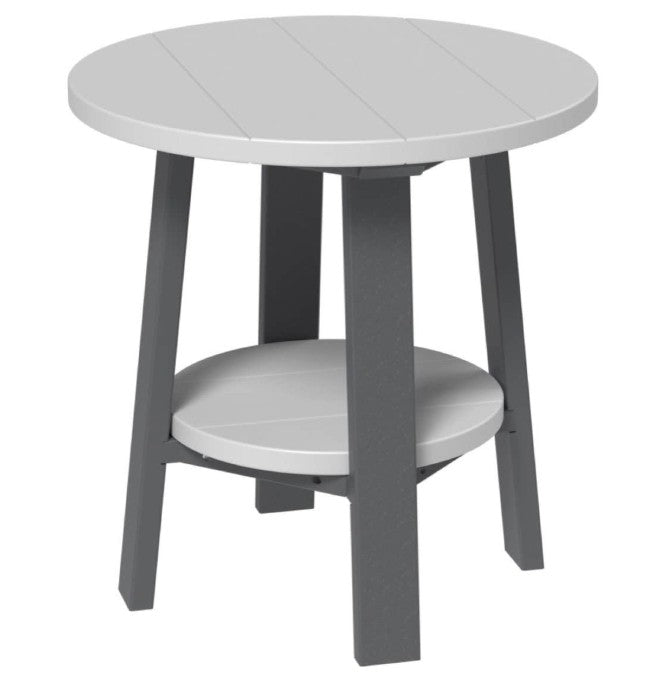 Round table with a gray top and gray legs on a white background