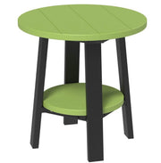 Green round table with black legs on a white background