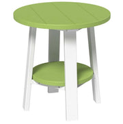 Green round table with white legs on a white background