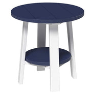 Round table with blue top and white legs on a white background