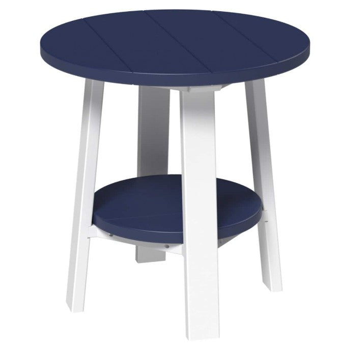 Round table with blue top and white legs on a white background