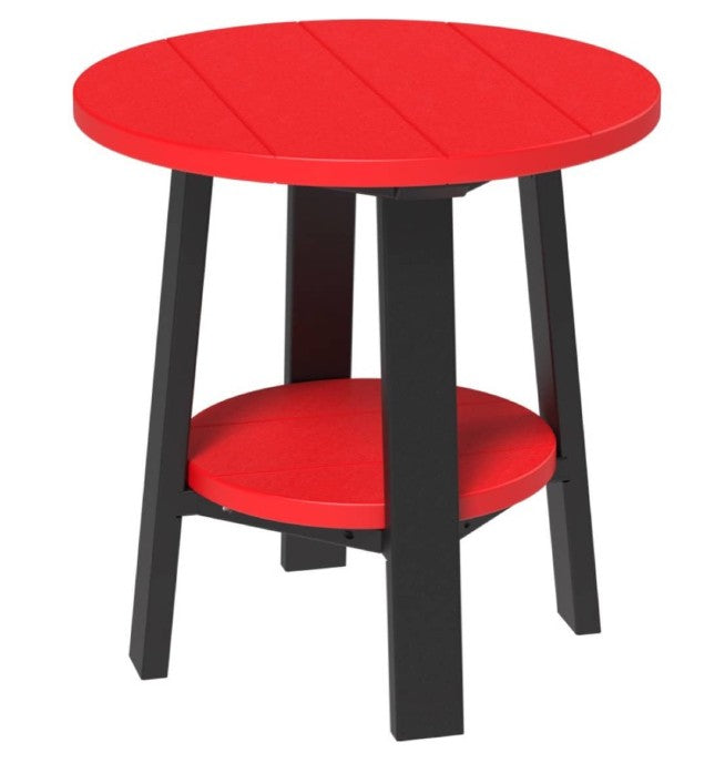 Round red table with black legs on a white background
