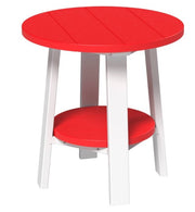 Red round table with white legs on a white background