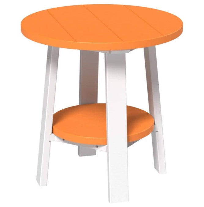Round orange table with white legs on a white background