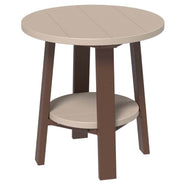 Round side table with beige top and brown legs on a white background