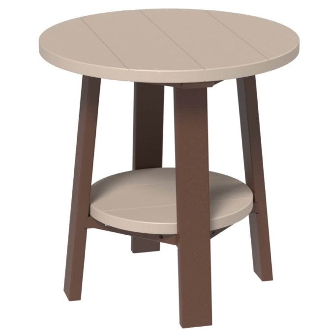 Round side table with beige top and brown legs on a white background