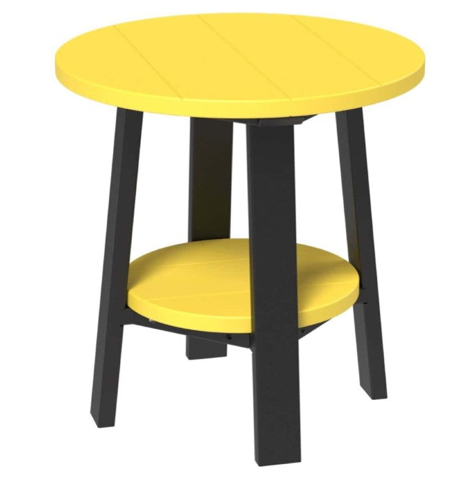 Yellow round table with black legs on a white background