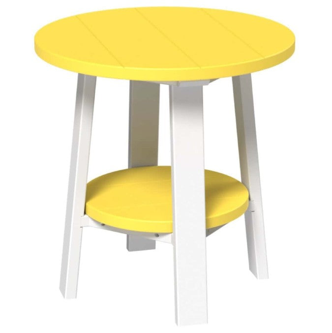 Yellow round table with white legs on a white background
