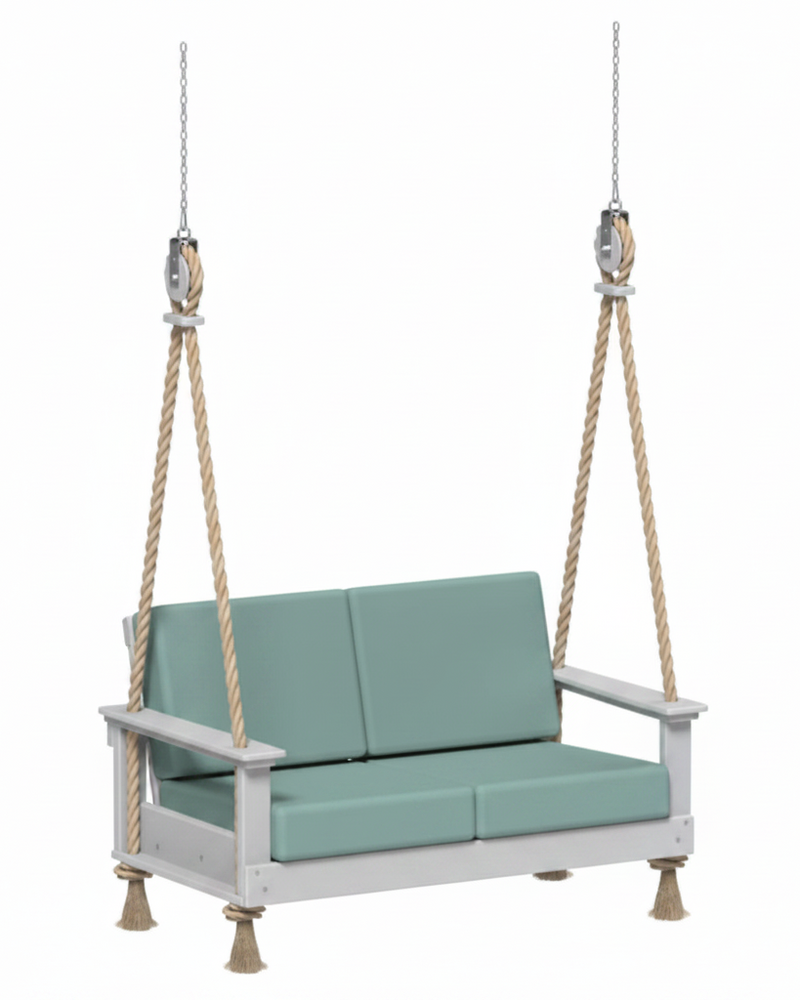 Gray swing with green cushions on a white background