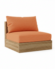 An outdoor lounge chair cushion set featuring a textured orange seat cushion and matching back pillow on a weathered brown wood base, shown against a plain white background.