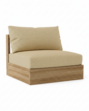 A modern outdoor lounge chair with a low-profile wooden frame, upholstered in a textured beige fabric with a matching back cushion, shown on a solid white background.