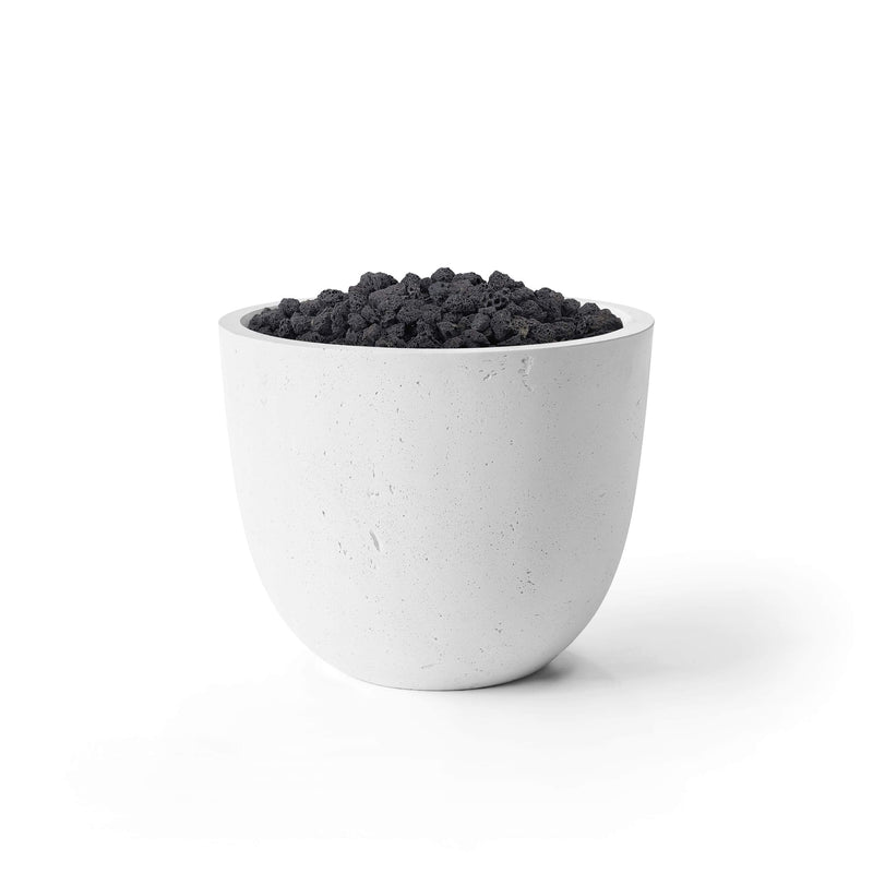 Element natural lightweight concrete firepit with black lava rocks on a white background.  
