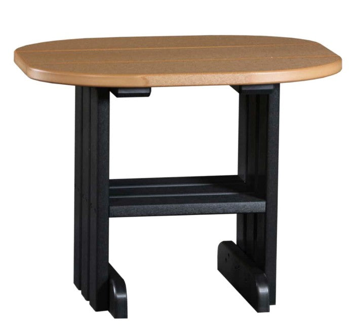 LuxCraft end table in cedar and black on a white background.  