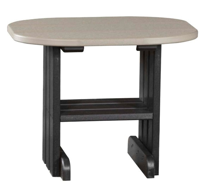 LuxCraft end table in weatherwood and black on a white background.  