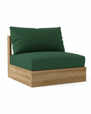 A modern outdoor lounge chair with a dark green cushioned seat and backrest, supported by a light brown wood frame, shown on a solid white background.