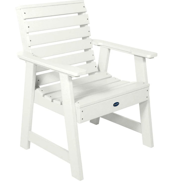 White chair with a visible brand logo on a white background