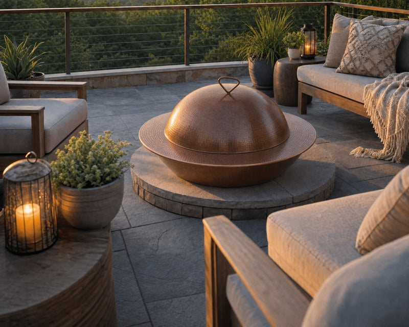 HPC hammered copper cover on a Mesa 32-inch fire bowl sitting on an elevated stone patio with teak seating, plants and candles.  