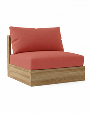 A modern outdoor lounge chair with a rust-orange cushioned seat and backrest, supported by a light brown wood-look frame, shown on a solid white background.