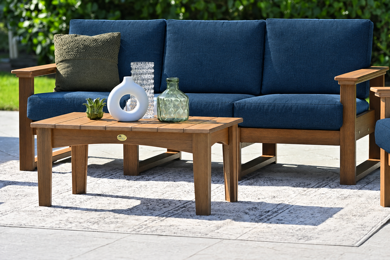 LuxCraft Lanai deep seating sofa in Antique Mahogany with Spectrum Indigo cushions