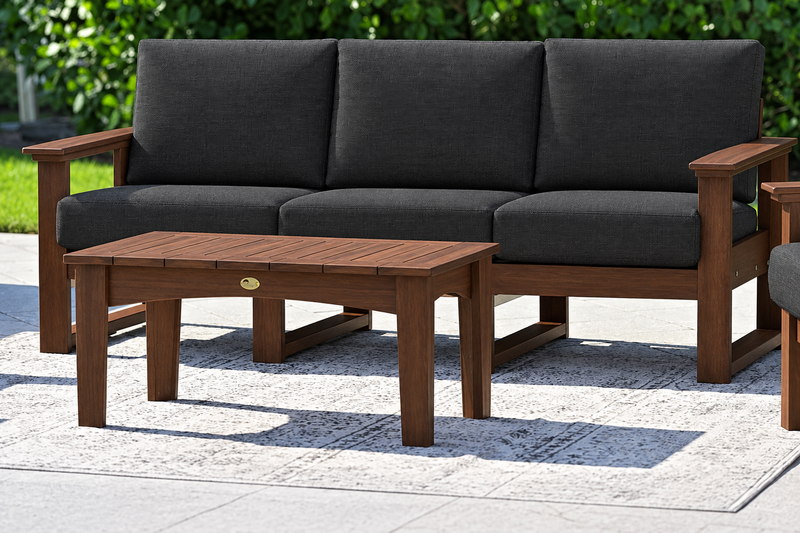 LuxCraft Lanai deep seating sofa with Brazilian Walnut frame and matching table, dark Spectrum Carbon cushions