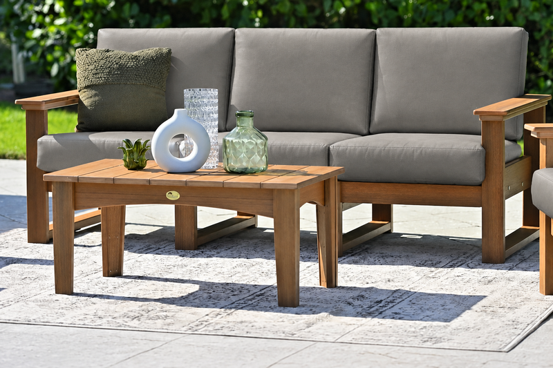 LuxCraft Lanai deep seating sofa in Antique Mahogany with Marine Leatherette Ash Gray cushions
