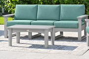 LuxCraft Lanai deep seating sofa with Dove Gray frame and coffee table, Cast Breeze cushions