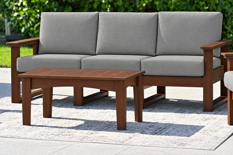 LuxCraft Lanai deep seating sofa with Brazilian Walnut frame and matching table, Marine Leatherette Ash Gray cushions