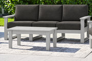 LuxCraft Lanai deep seating sofa with Dove Gray frame and coffee table, Spectrum Carbon cushions