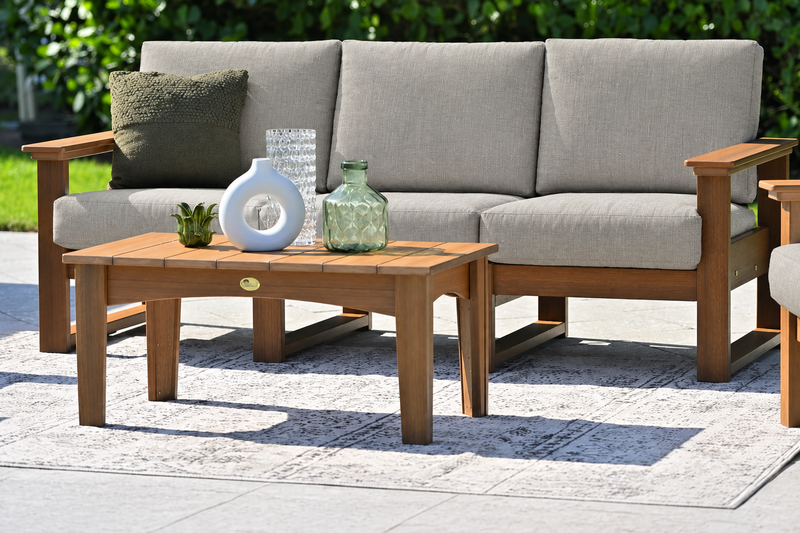 LuxCraft Lanai deep seating sofa in Antique Mahogany with Spectrum Dove cushions