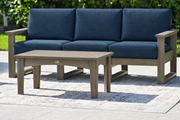 LuxCraft Lanai deep seating sofa with Weatherwood frame and coffee table, Spectrum Indigo cushions