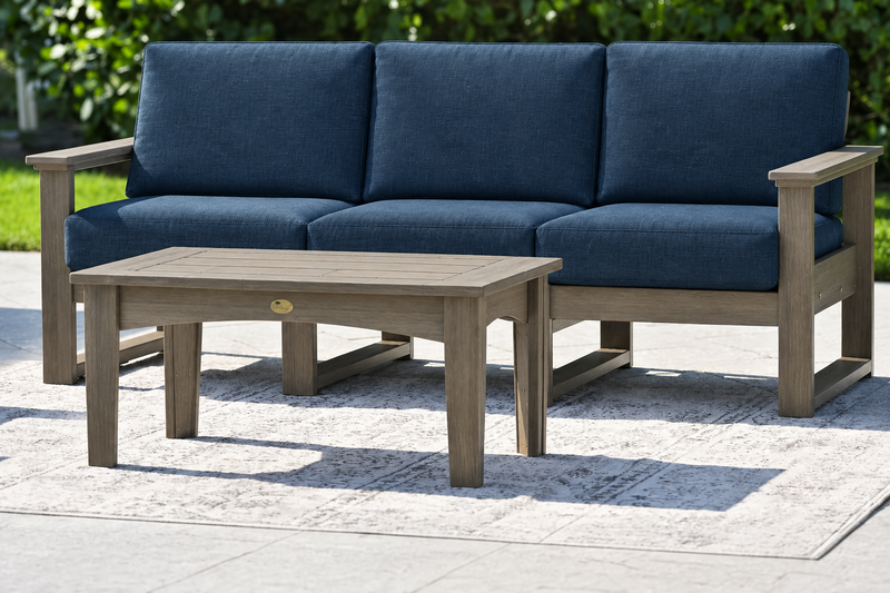 LuxCraft Lanai deep seating sofa with Weatherwood frame and coffee table, Spectrum Indigo cushions