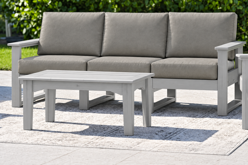 LuxCraft Lanai deep seating sofa with Dove Gray frame and coffee table, Marine Leatherette Ash Gray cushions
