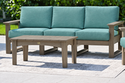 LuxCraft Lanai deep seating sofa with Weatherwood frame and coffee table, Cast Breeze cushions