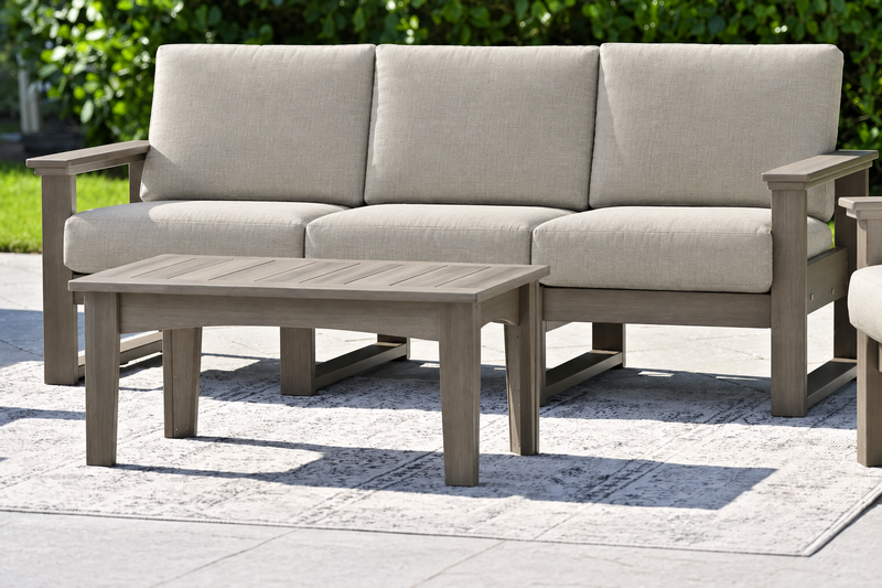 LuxCraft Lanai deep seating sofa with Weatherwood frame and coffee table, Spectrum Dove cushions