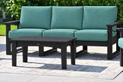 LuxCraft Lanai deep seating sofa with black frame, bare black coffee table and Cast Breeze cushions