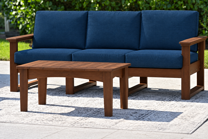 LuxCraft Lanai deep seating sofa with Brazilian Walnut frame and matching table, navy Spectrum Indigo cushions