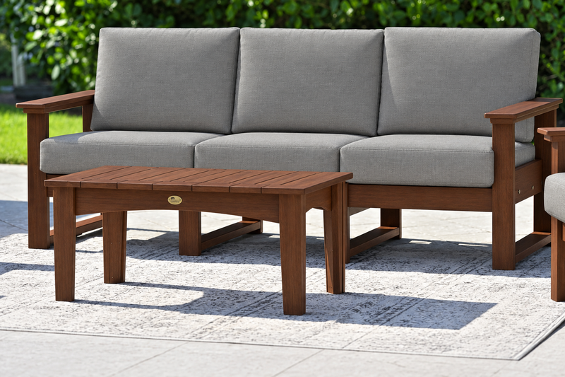 LuxCraft Lanai deep seating sofa with Brazilian Walnut frame and matching table, gray Spectrum Dove cushions