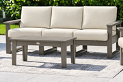 LuxCraft Lanai deep seating sofa with Coastal Gray frame and coffee table, neutral Canvas cushions