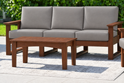 LuxCraft Lanai deep seating sofa with Brazilian Walnut frame, smooth Ash Gray leatherette cushions