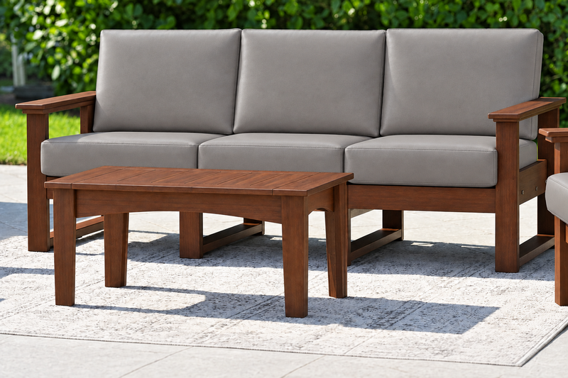 LuxCraft Lanai deep seating sofa with Brazilian Walnut frame, smooth Ash Gray leatherette cushions