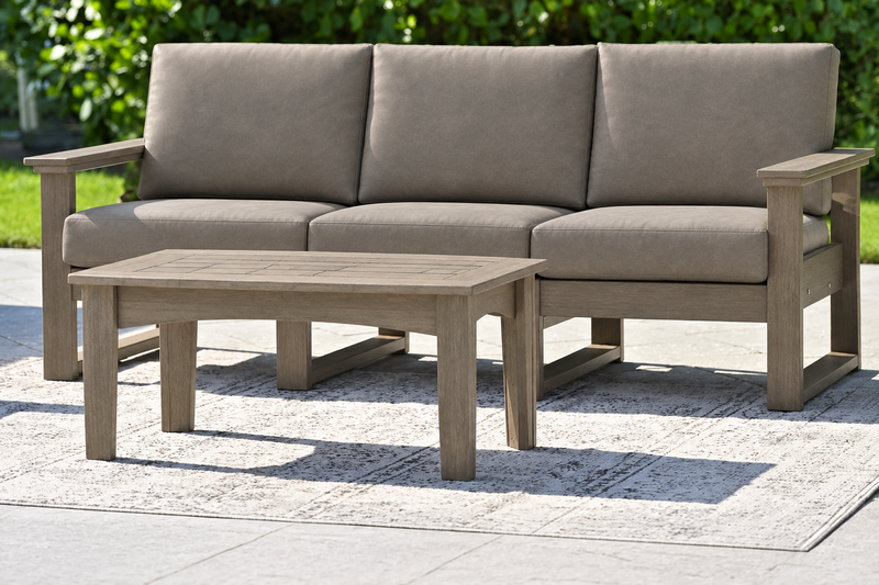 LuxCraft Lanai deep seating sofa with Weatherwood frame and coffee table, Marine Leatherette Ash Gray cushions