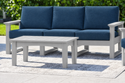 LuxCraft Lanai deep seating sofa with Dove Gray frame and coffee table, Spectrum Indigo cushions
