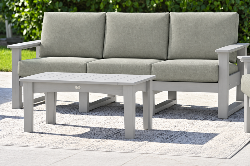 LuxCraft Lanai deep seating sofa with Dove Gray frame and coffee table, Spectrum Dove cushions