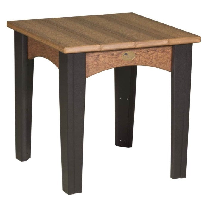 Antique mahogany and black island end table on a white background.  