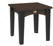 Brazilian walnut and black island end table on a white background.  